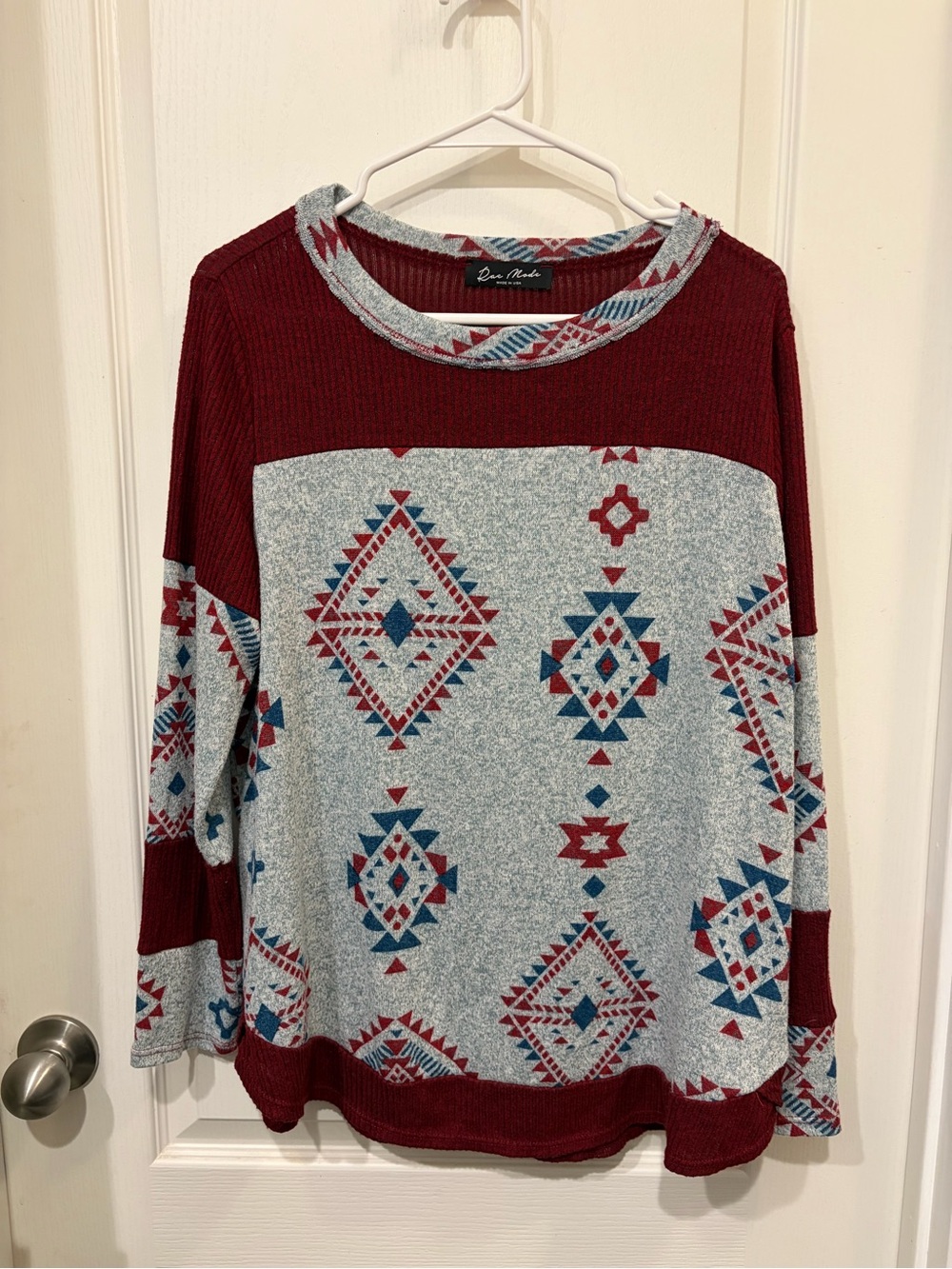 Cozy Tribal Scoop-Neck Sweater in Burgundy by One World
